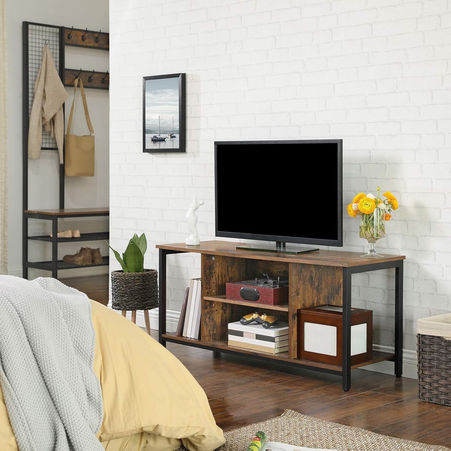 TV Stand for TV up to 50 Inch, TV Cabinet with Open Storage, TV Console Unit with Shelving, for Living Room, Entertainment Room, Industrial, Rustic Brown and Black ULTV39BX