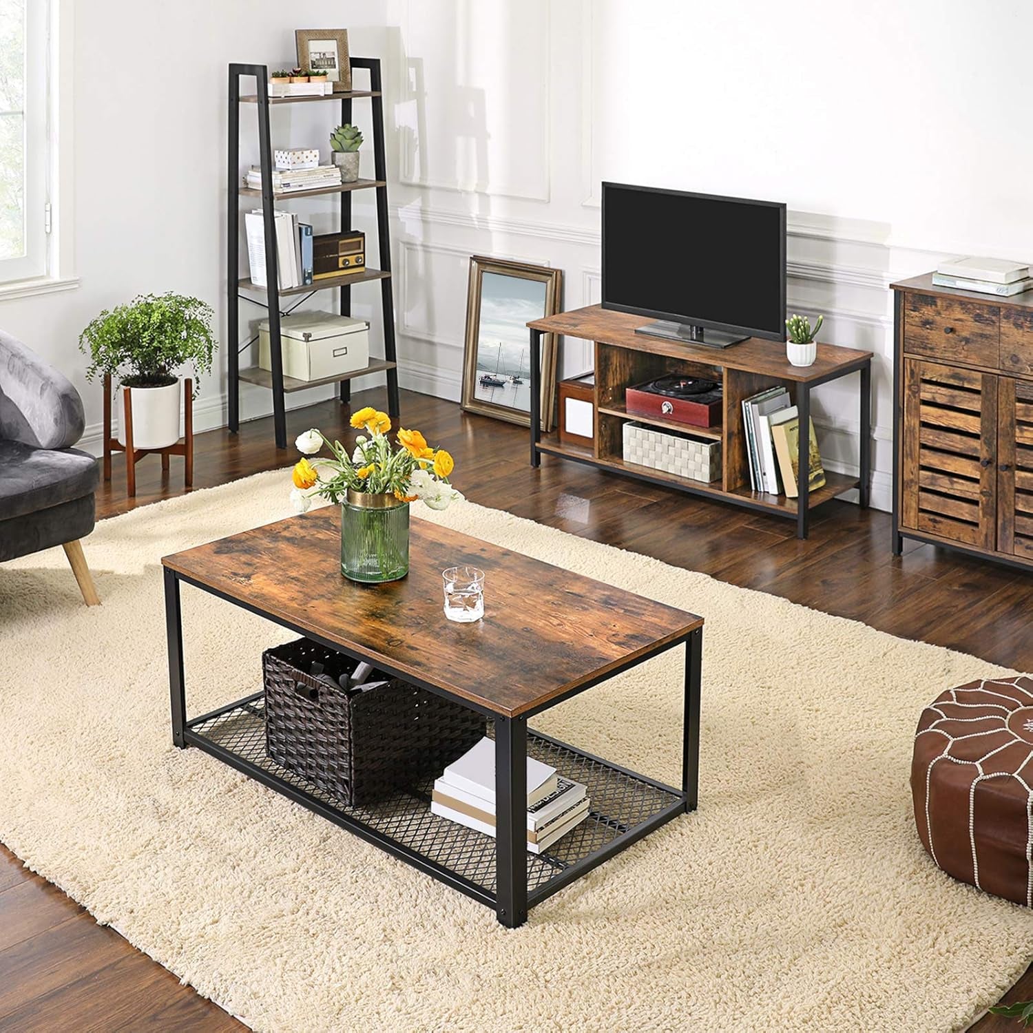 TV Stand for TV up to 50 Inch, TV Cabinet with Open Storage, TV Console Unit with Shelving, for Living Room, Entertainment Room, Industrial, Rustic Brown and Black ULTV39BX