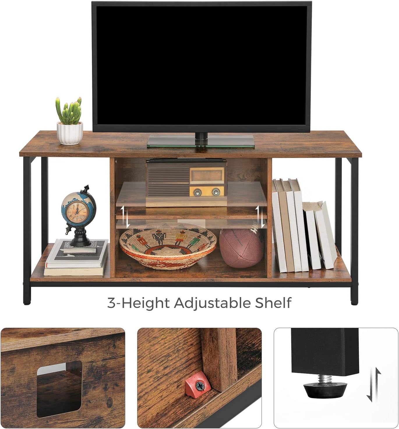 TV Stand for TV up to 50 Inch, TV Cabinet with Open Storage, TV Console Unit with Shelving, for Living Room, Entertainment Room, Industrial, Rustic Brown and Black ULTV39BX