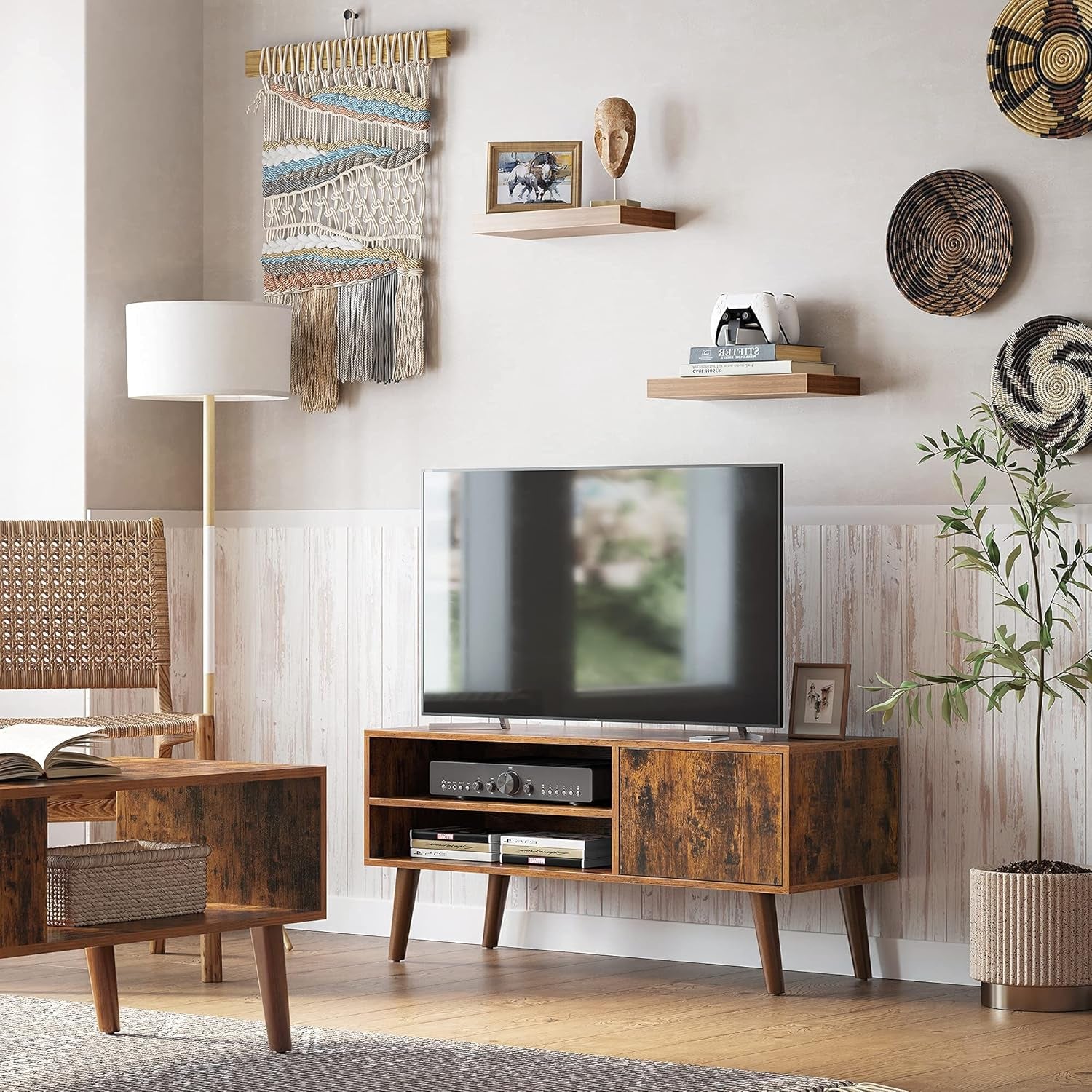TV Stand, TV Cabinet for Tvs up to 43 Inches, Mid-Century Modern TV Console Entertainment Center for Living Room, Bedroom, Lounge, Rustic Brown ULTV09BX