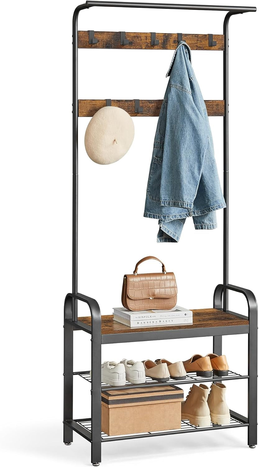 Coat Rack, Hall Tree with Shoe Bench for Entryway, Entryway Bench with Coat Rack, 4-In-1, with 9 Removable Hooks, a Hanging Rod, 13.3 X 28.3 X 72.1 Inches, Rustic Brown and Black UHSR40B