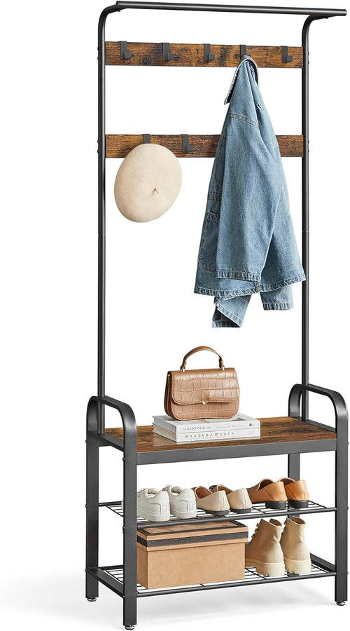 Coat Rack, Hall Tree with Shoe Bench for Entryway, Entryway Bench with Coat Rack, 4-In-1, with 9 Removable Hooks, a Hanging Rod, 13.3 X 28.3 X 72.1 Inches, Rustic Brown and Black UHSR40B