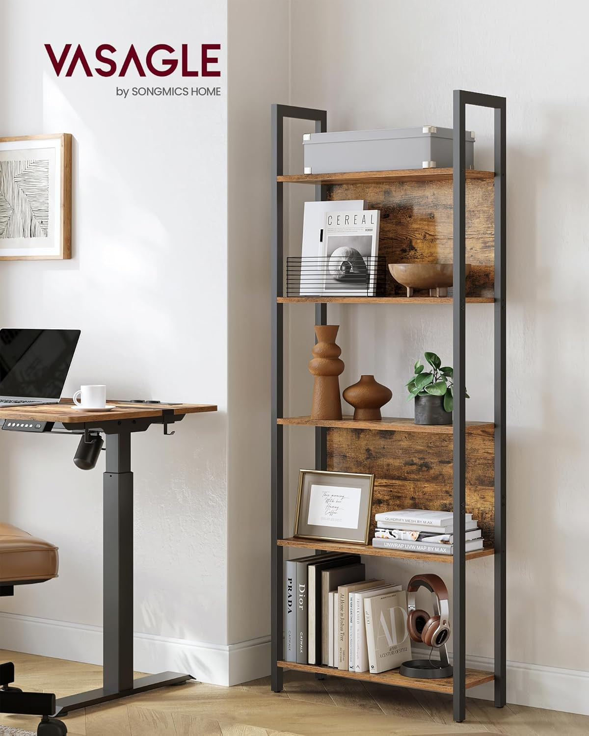 5-Tier Bookshelf, Book Shelf, Industrial Bookcase, with Steel Frame, for Living Room, Home Office, Bedroom, 9.4 X 24.4 X 65 Inches, Rustic Brown and Black ULLS025B01