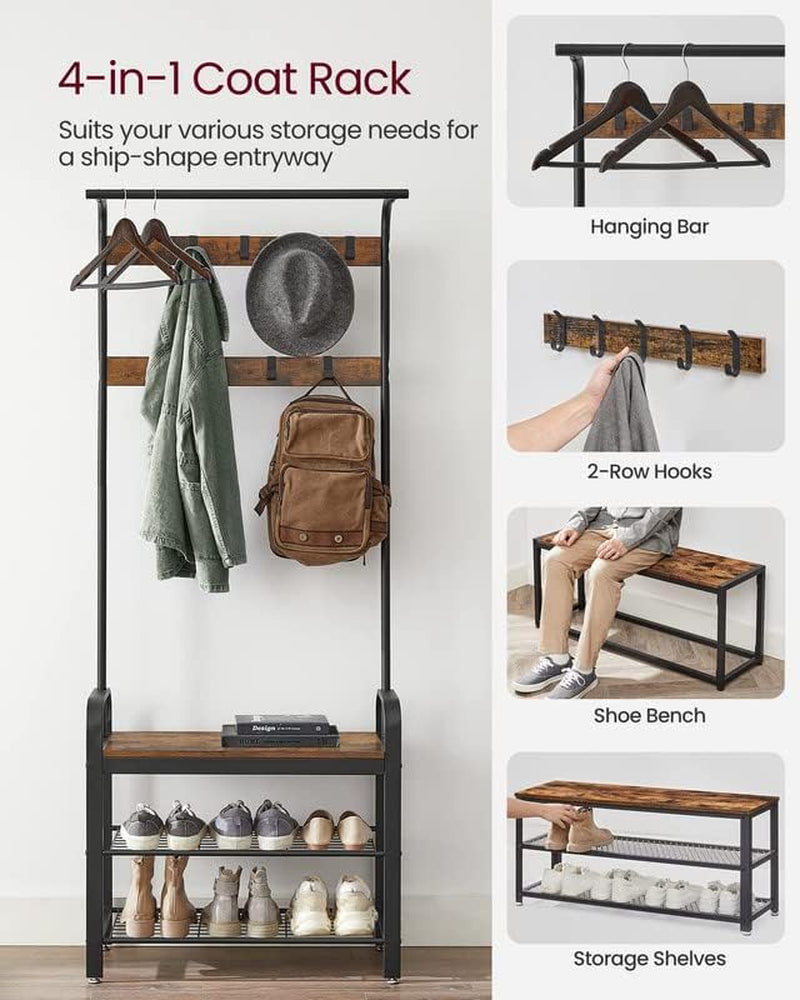 Coat Rack, Hall Tree with Shoe Bench for Entryway, Entryway Bench with Coat Rack, 4-In-1, with 9 Removable Hooks, a Hanging Rod, 13.3 X 28.3 X 72.1 Inches, Rustic Brown and Black UHSR40B