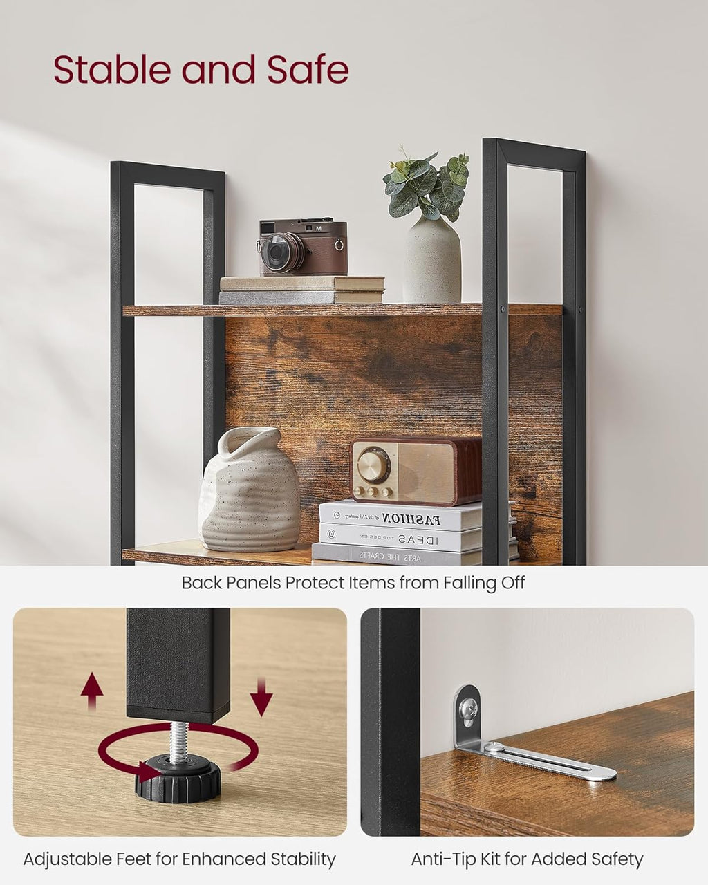 5-Tier Bookshelf, Book Shelf, Industrial Bookcase, with Steel Frame, for Living Room, Home Office, Bedroom, 9.4 X 24.4 X 65 Inches, Rustic Brown and Black ULLS025B01