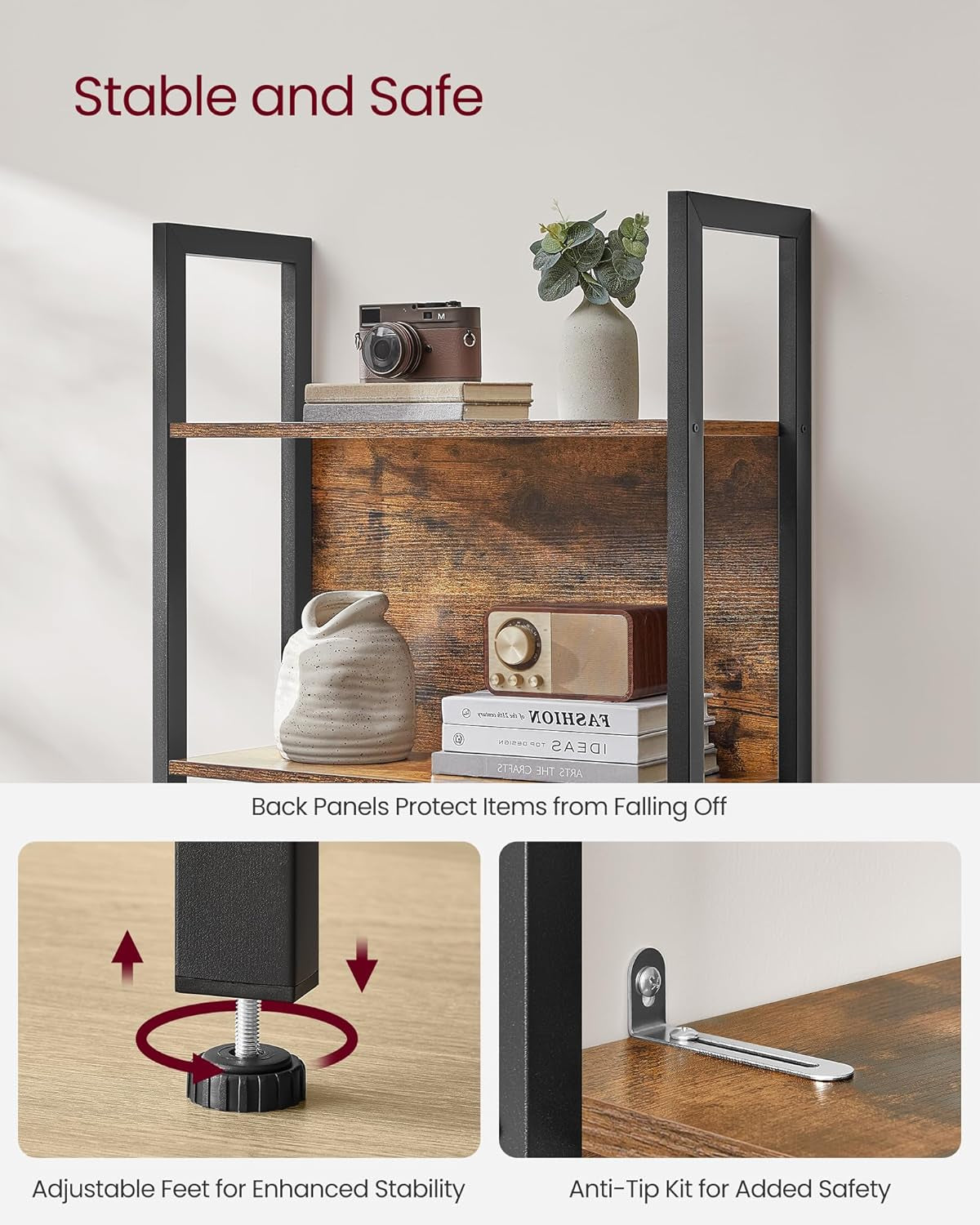 5-Tier Bookshelf, Book Shelf, Industrial Bookcase, with Steel Frame, for Living Room, Home Office, Bedroom, 9.4 X 24.4 X 65 Inches, Rustic Brown and Black ULLS025B01