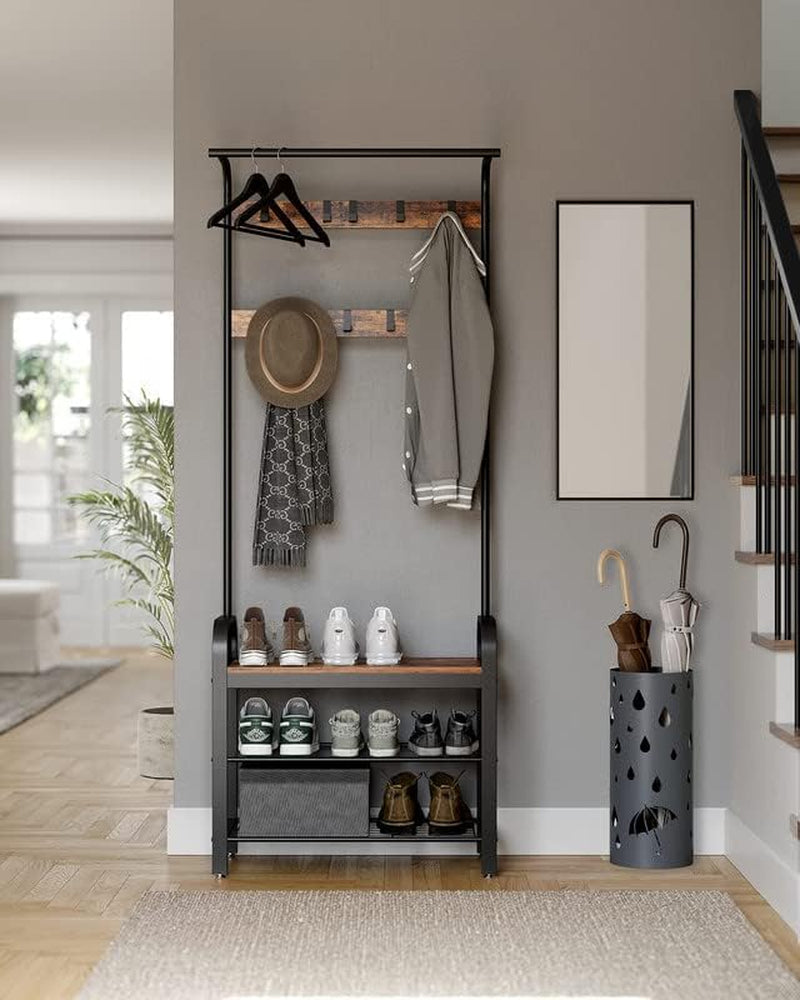 Coat Rack, Hall Tree with Shoe Bench for Entryway, Entryway Bench with Coat Rack, 4-In-1, with 9 Removable Hooks, a Hanging Rod, 13.3 X 28.3 X 72.1 Inches, Rustic Brown and Black UHSR40B