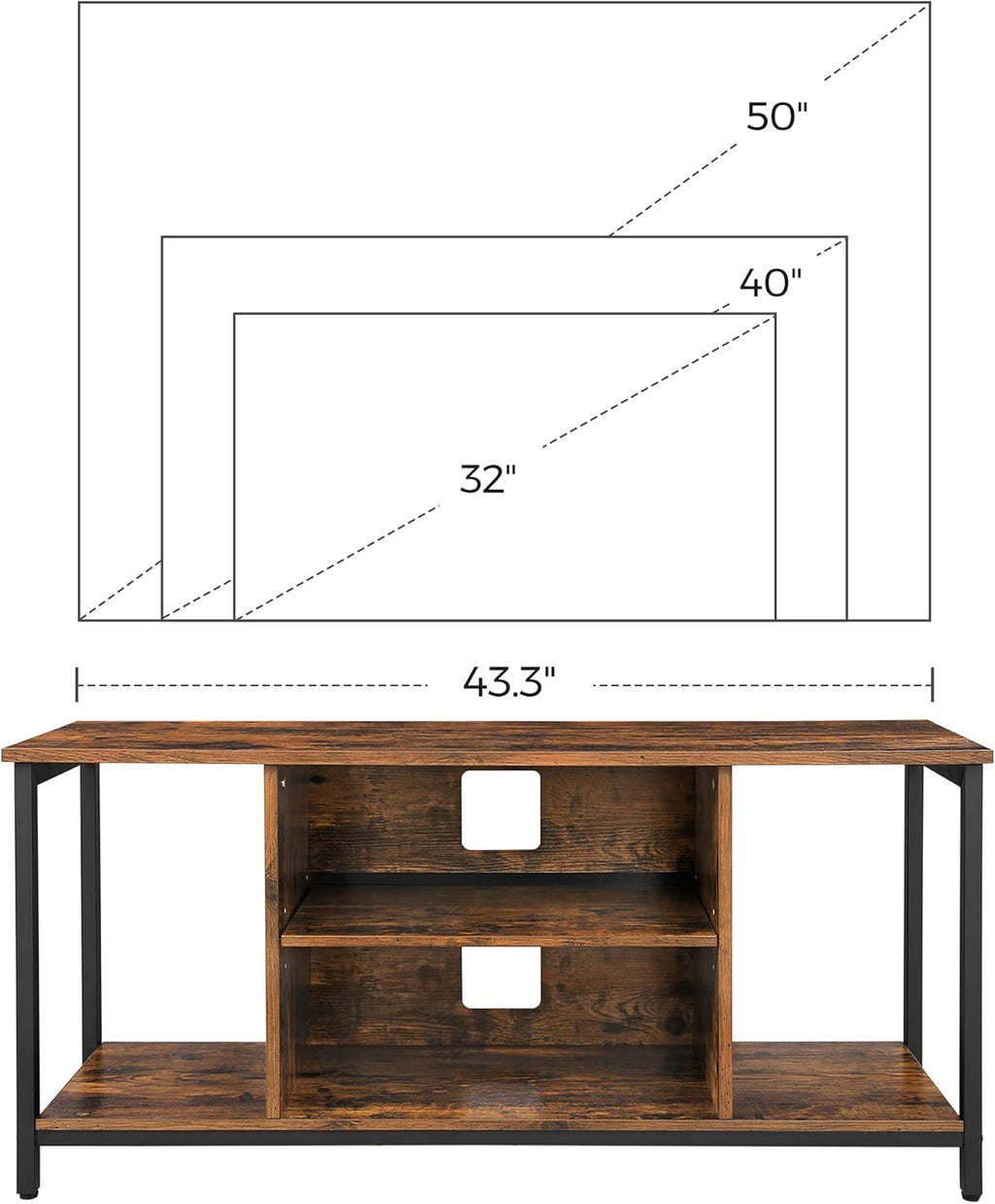 TV Stand for TV up to 50 Inch, TV Cabinet with Open Storage, TV Console Unit with Shelving, for Living Room, Entertainment Room, Industrial, Rustic Brown and Black ULTV39BX