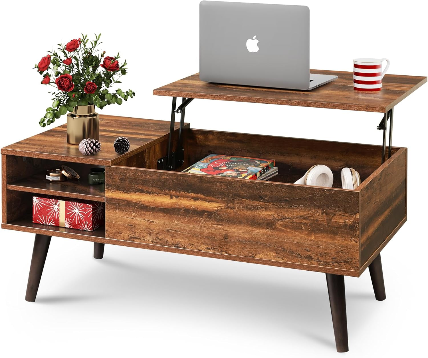 Lift Top Coffee Table for Living Room,Small Coffee Table with Storage, Adjustable Shelf and Storage Compartment, Mid Century Modern Living Room Table, Wood, Rustic Brown