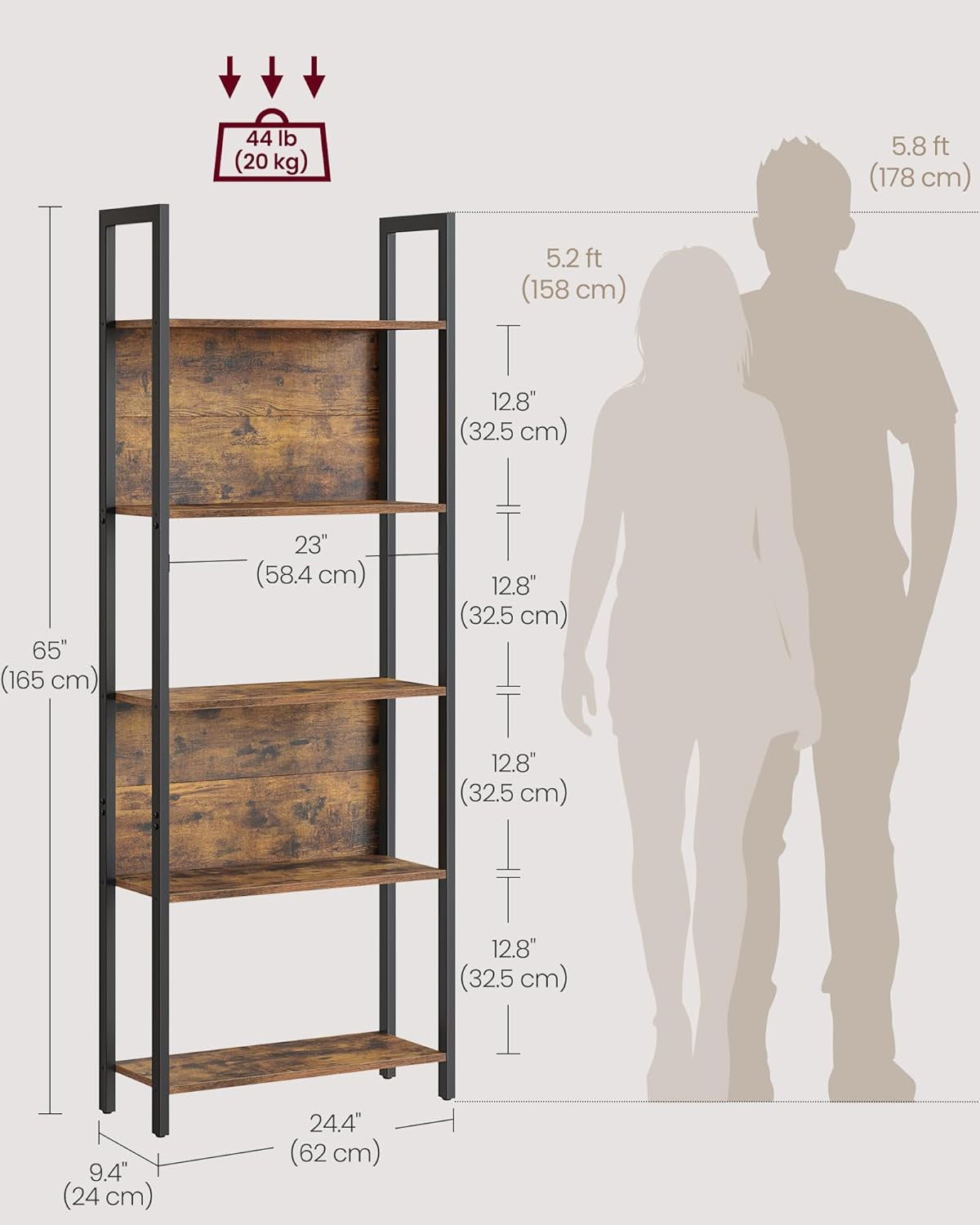 5-Tier Bookshelf, Book Shelf, Industrial Bookcase, with Steel Frame, for Living Room, Home Office, Bedroom, 9.4 X 24.4 X 65 Inches, Rustic Brown and Black ULLS025B01