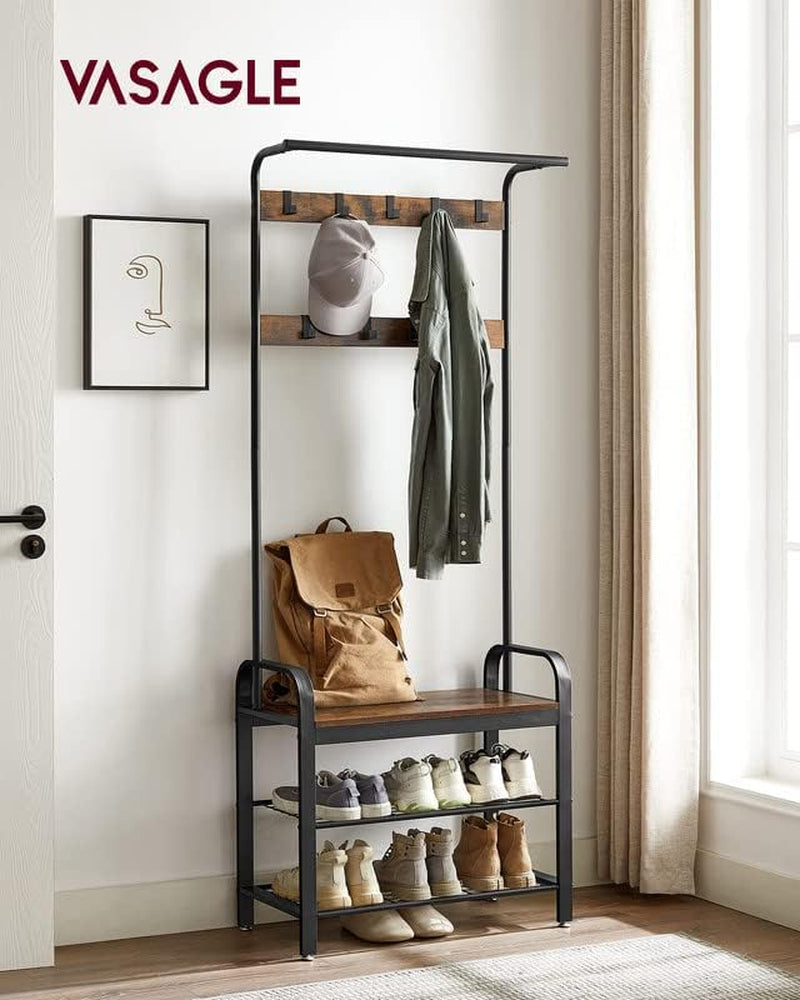 Coat Rack, Hall Tree with Shoe Bench for Entryway, Entryway Bench with Coat Rack, 4-In-1, with 9 Removable Hooks, a Hanging Rod, 13.3 X 28.3 X 72.1 Inches, Rustic Brown and Black UHSR40B