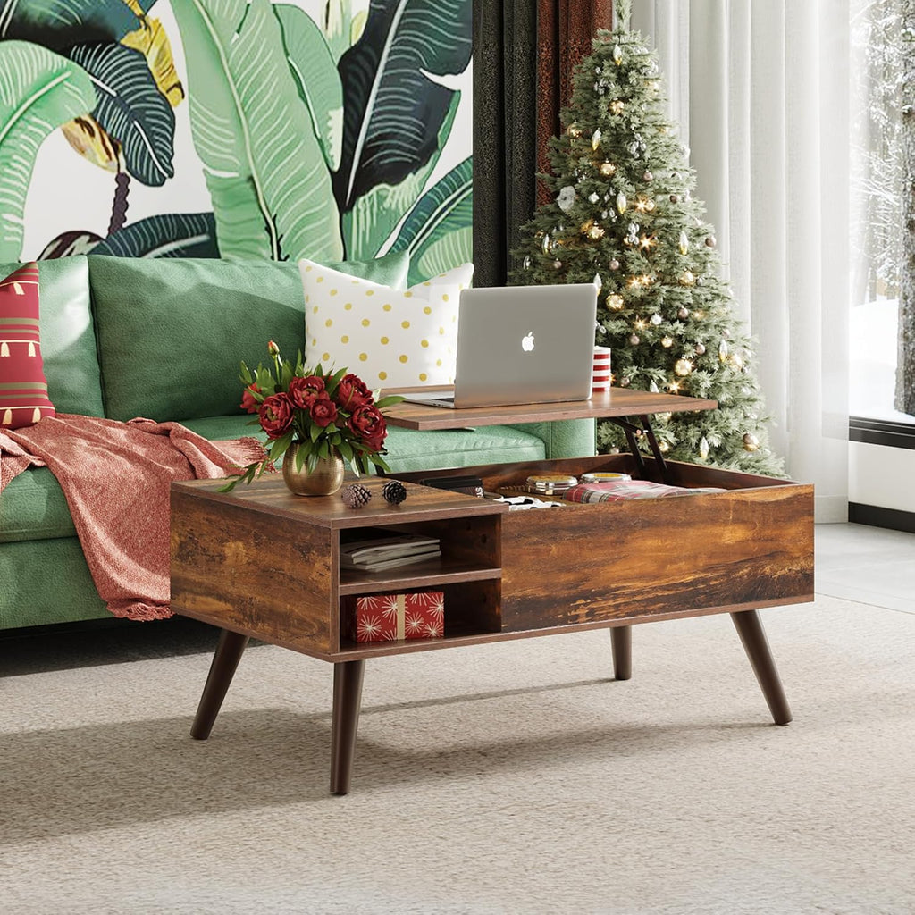 Lift Top Coffee Table for Living Room,Small Coffee Table with Storage, Adjustable Shelf and Storage Compartment, Mid Century Modern Living Room Table, Wood, Rustic Brown
