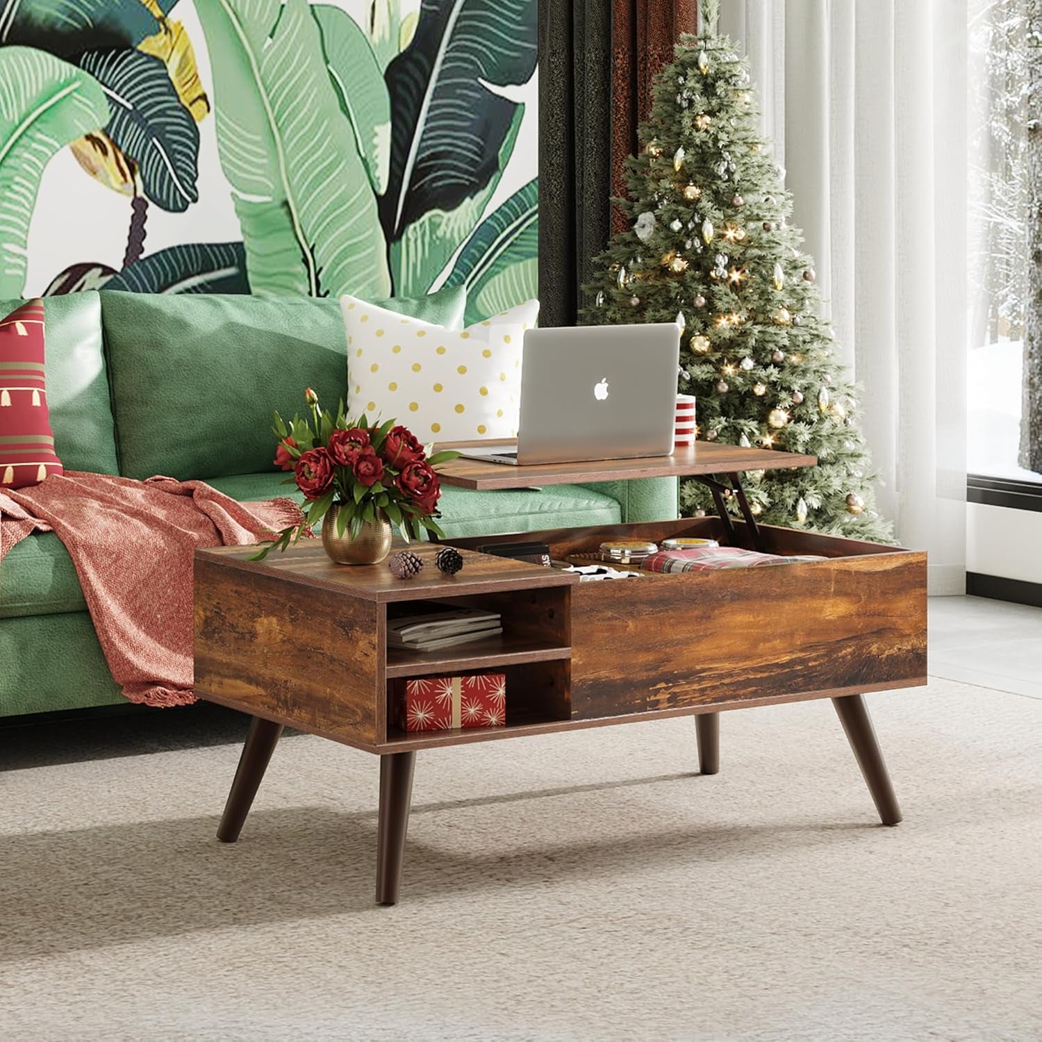 Lift Top Coffee Table for Living Room,Small Coffee Table with Storage, Adjustable Shelf and Storage Compartment, Mid Century Modern Living Room Table, Wood, Rustic Brown