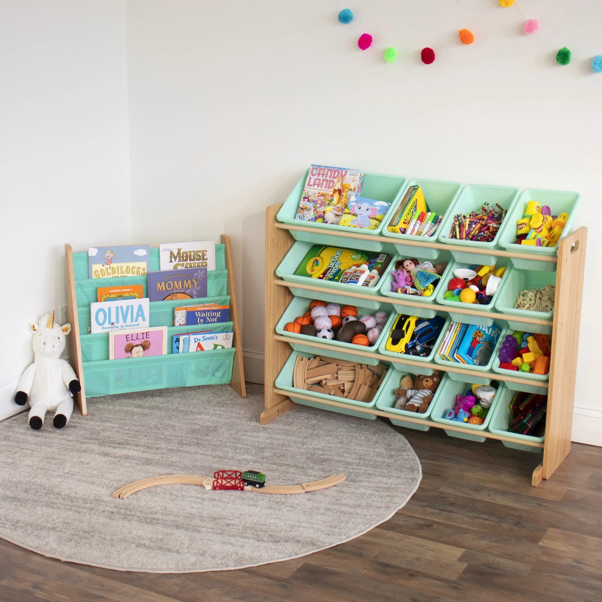 Kids Bailey Bookshelf 4 Tier Book Storage, Natural/Seafoam