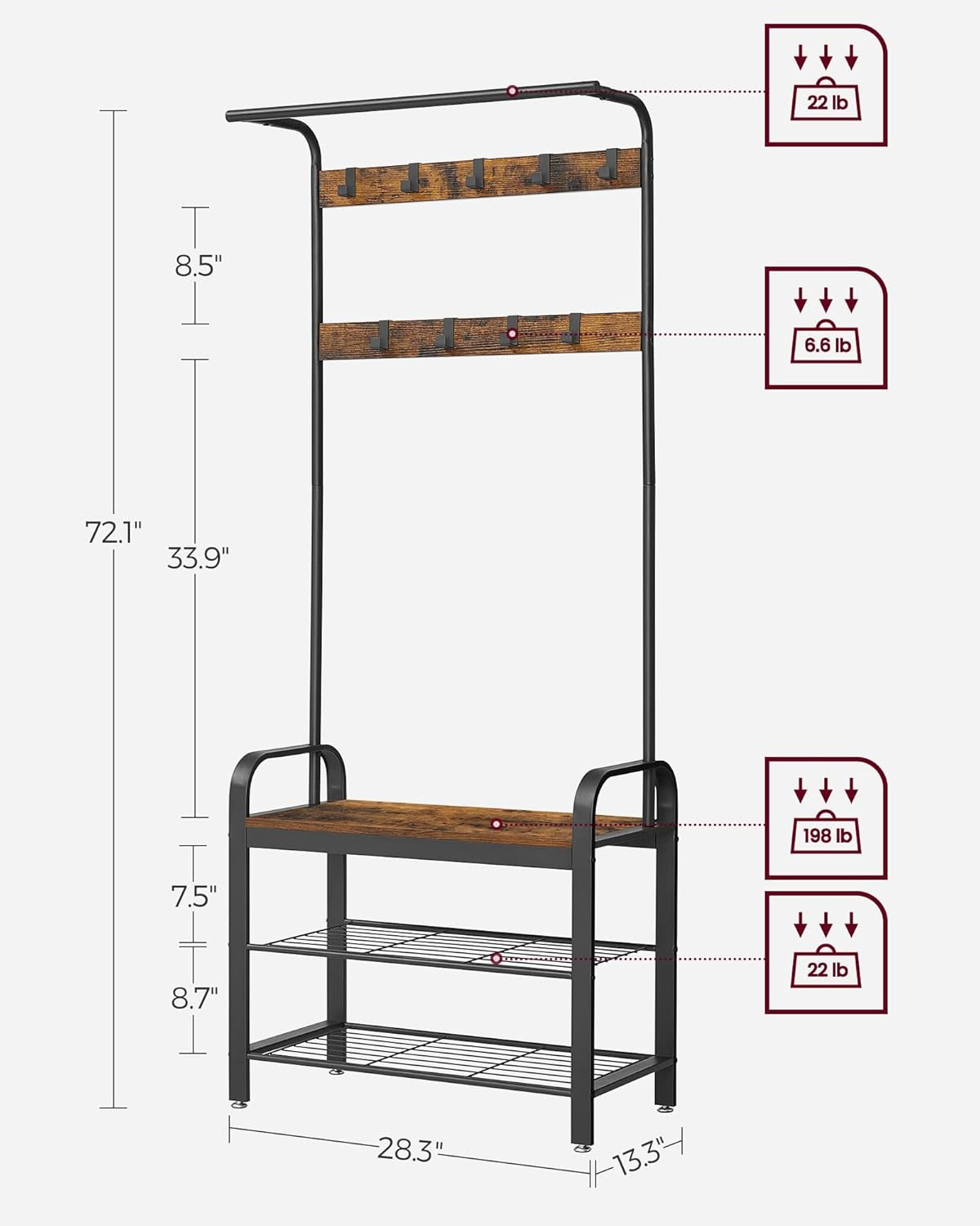 Coat Rack, Hall Tree with Shoe Bench for Entryway, Entryway Bench with Coat Rack, 4-In-1, with 9 Removable Hooks, a Hanging Rod, 13.3 X 28.3 X 72.1 Inches, Rustic Brown and Black UHSR40B
