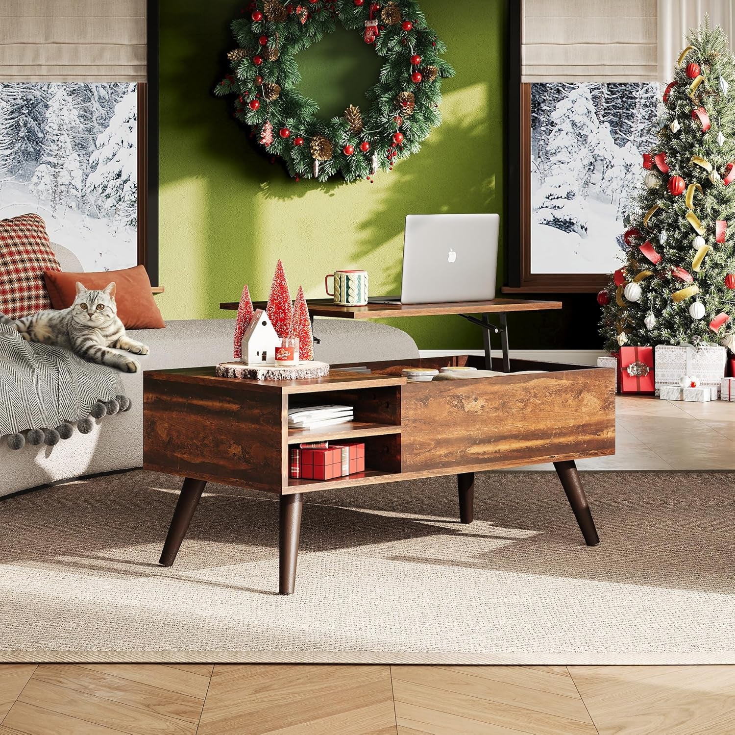 Lift Top Coffee Table for Living Room,Small Coffee Table with Storage, Adjustable Shelf and Storage Compartment, Mid Century Modern Living Room Table, Wood, Rustic Brown