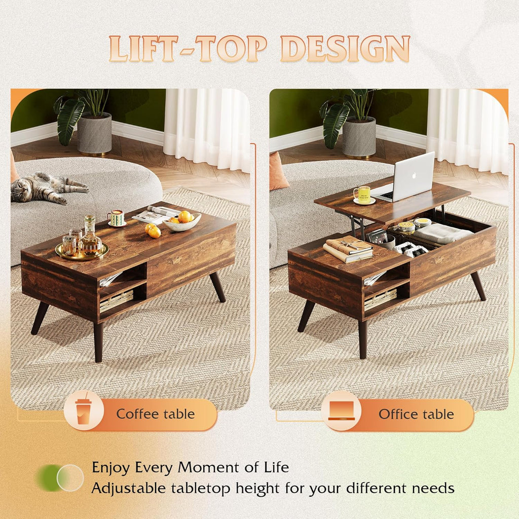 Lift Top Coffee Table for Living Room,Small Coffee Table with Storage, Adjustable Shelf and Storage Compartment, Mid Century Modern Living Room Table, Wood, Rustic Brown