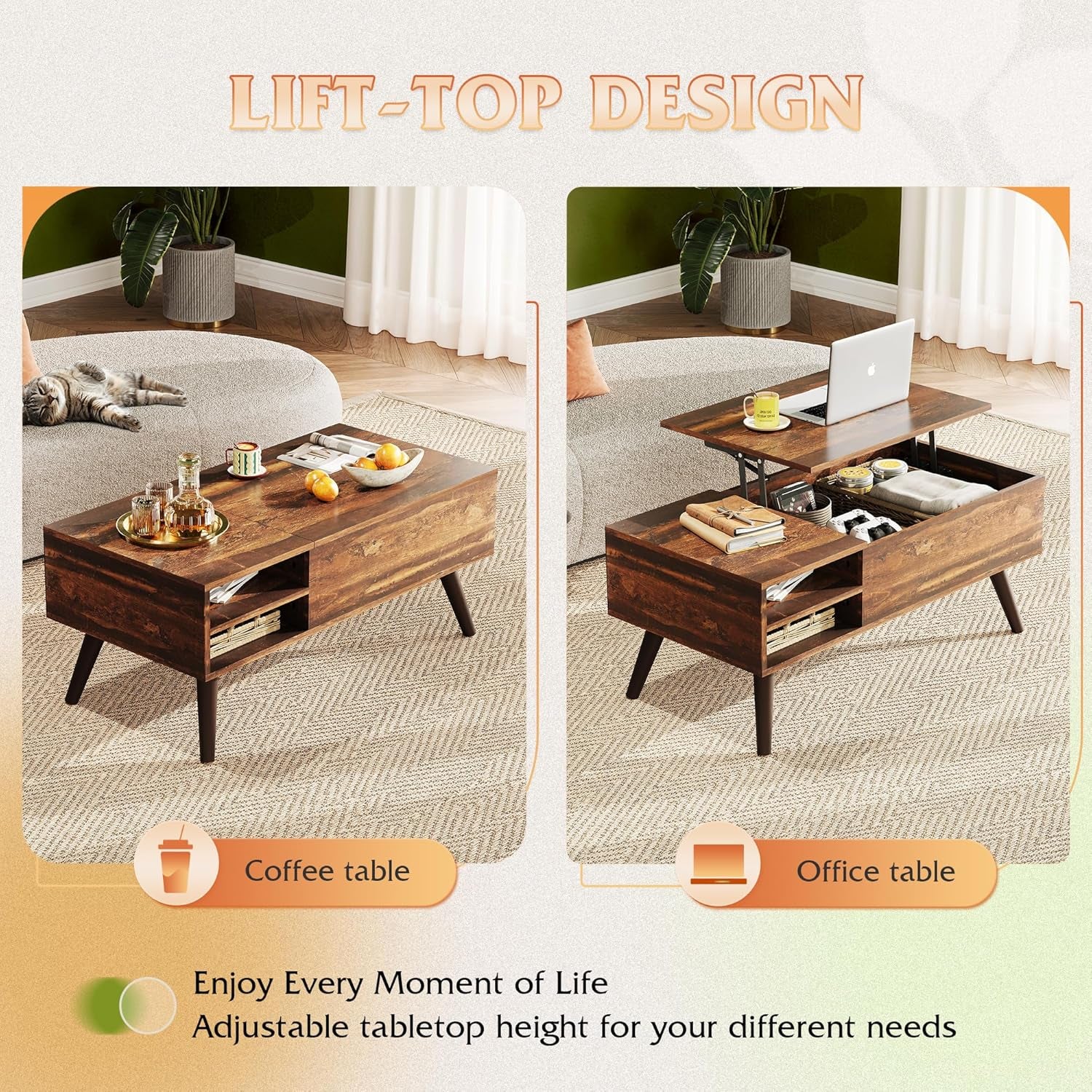 Lift Top Coffee Table for Living Room,Small Coffee Table with Storage, Adjustable Shelf and Storage Compartment, Mid Century Modern Living Room Table, Wood, Rustic Brown