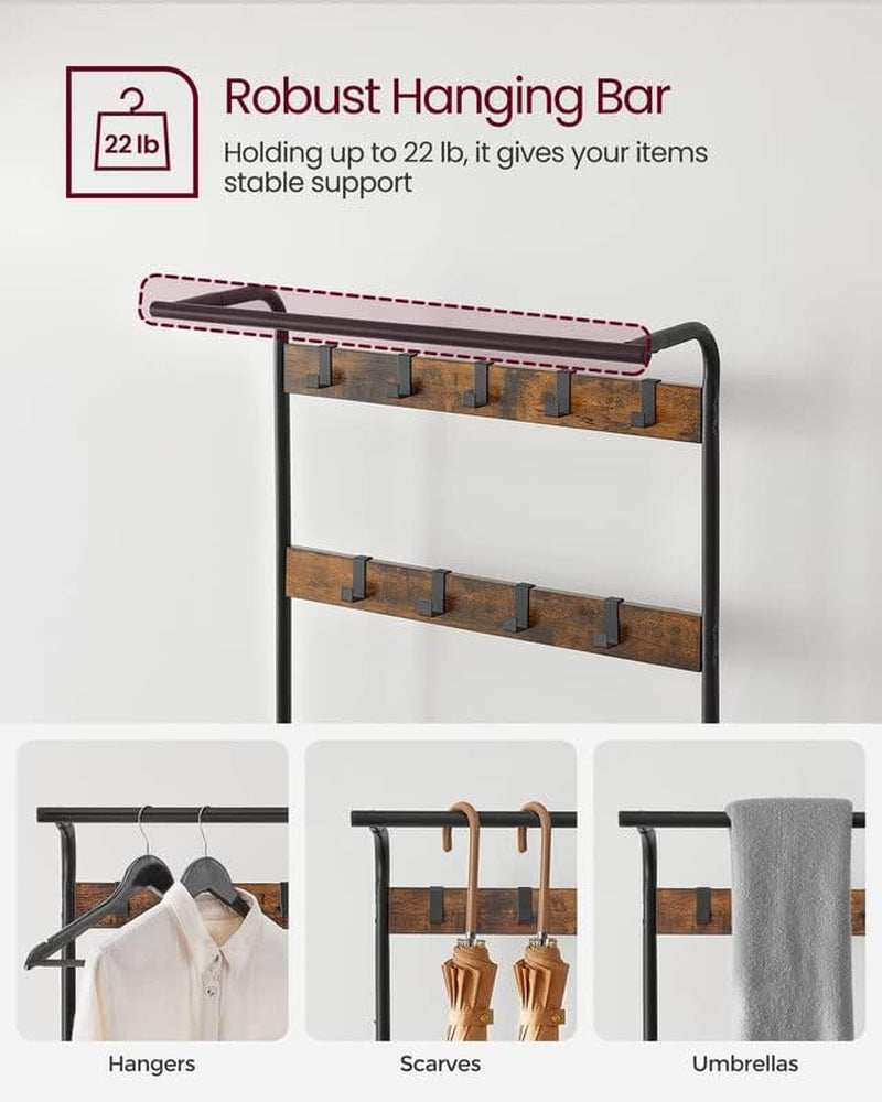 Coat Rack, Hall Tree with Shoe Bench for Entryway, Entryway Bench with Coat Rack, 4-In-1, with 9 Removable Hooks, a Hanging Rod, 13.3 X 28.3 X 72.1 Inches, Rustic Brown and Black UHSR40B