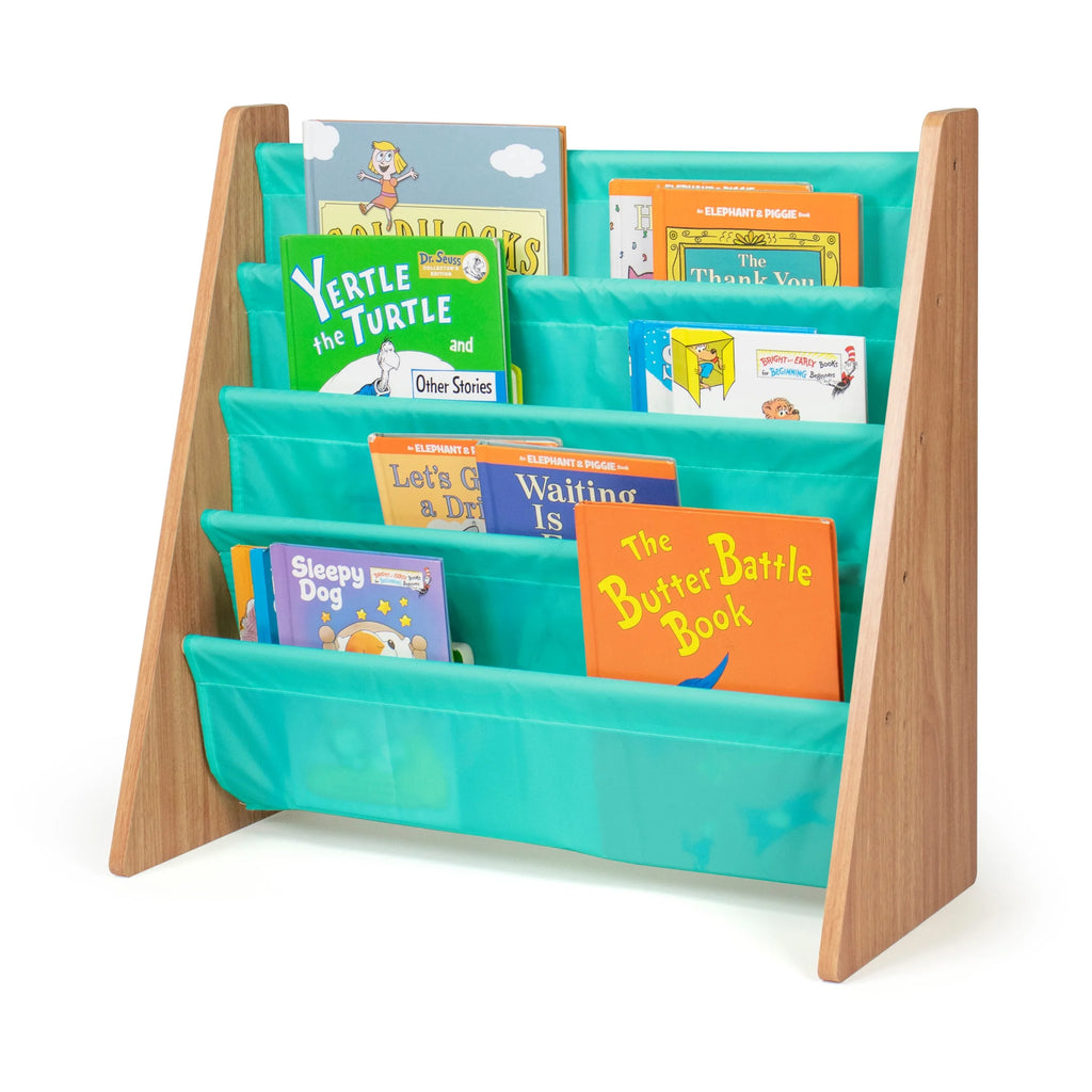 Kids Bailey Bookshelf 4 Tier Book Storage, Natural/Seafoam